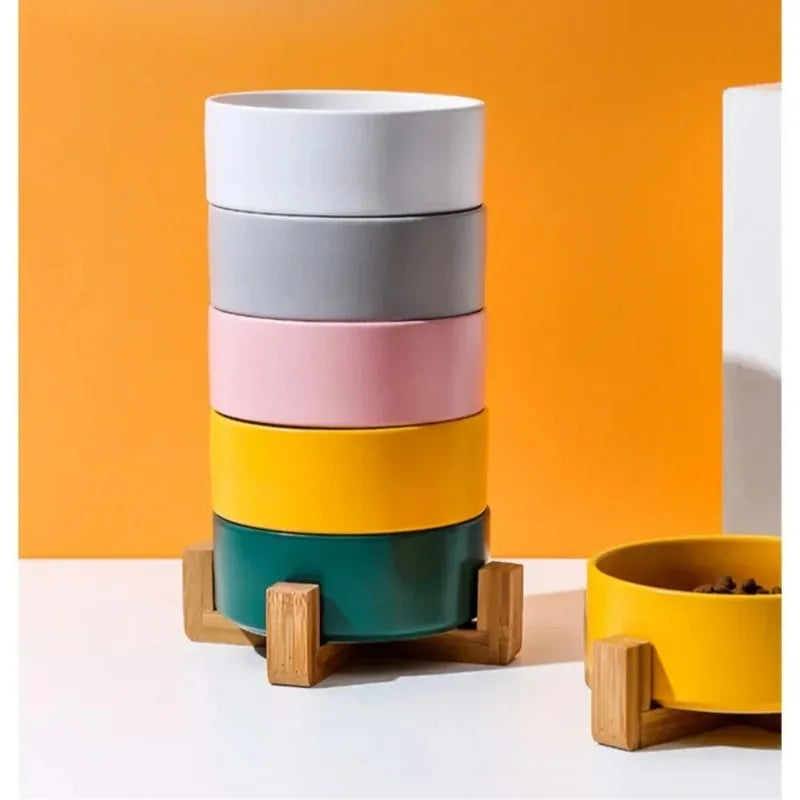 Ceramic Pet Bowl Dish With Wood Stand No Spill